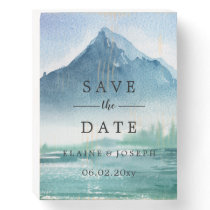 Rustic Watercolor Mountains Lake Save The Date Wooden Box Sign