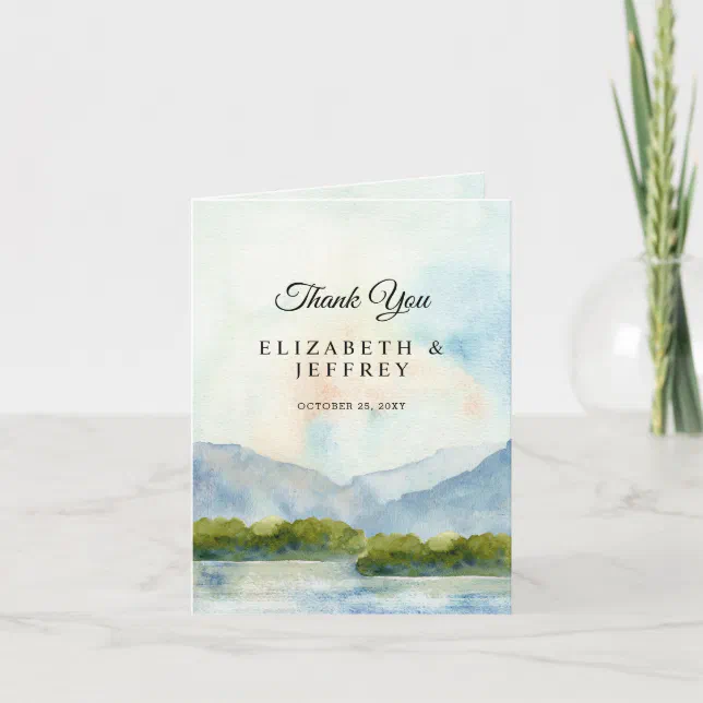 Rustic Watercolor Mountains Lake Thank You Card | Zazzle