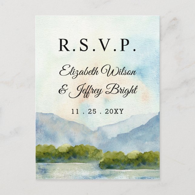 Rustic Watercolor Mountains  Lake Winter RSVP  Invitation Postcard (Front)