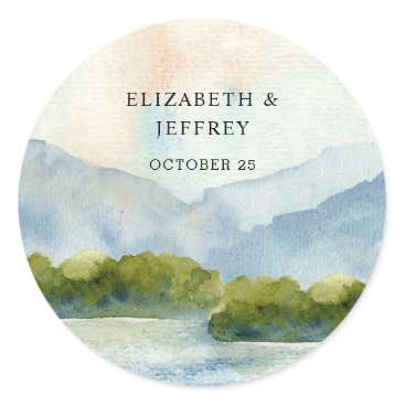 Rustic Watercolor Mountains Lake Winter Wedding  Classic Round Sticker