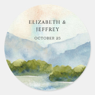 Rustic Watercolor Mountains Lake Winter Wedding Classic Round Sticker
