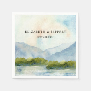 Rustic Watercolor Mountains Lake Winter Wedding Napkins