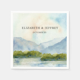 Rustic Watercolor Mountains Lake Winter Wedding  Napkins
