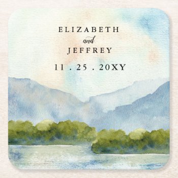 Rustic Watercolor Mountains Lake Winter Wedding   Square Paper Coaster by blessedwedding at Zazzle