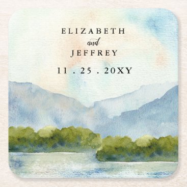 Rustic Watercolor Mountains Lake Winter Wedding   Square Paper Coaster