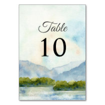 Rustic Watercolor Mountains Lake Winter Wedding  Table Number