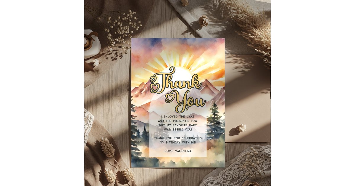 Rustic Watercolor Mountains Nature Sunrise Script Thank You Card | Zazzle