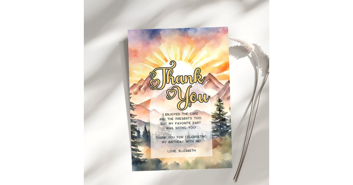 Rustic Watercolor Mountains Nature Sunrise Script Thank You Card | Zazzle