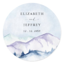 Rustic Watercolor Mountains Outdoor Pine Wedding   Classic Round Sticker