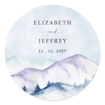 Rustic Watercolor Mountains Outdoor Pine Wedding   Classic Round Sticker