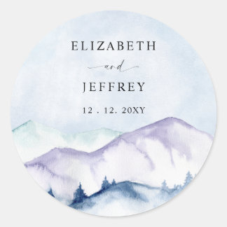 Rustic Watercolor Mountains Outdoor Pine Wedding Classic Round Sticker