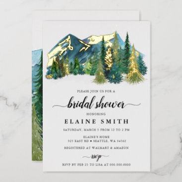 Rustic Watercolor Mountains Pine Bridal Shower Foil Invitation