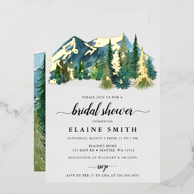 Rustic Watercolor Mountains Pine Bridal Shower Foil Invitation (Front/Back)