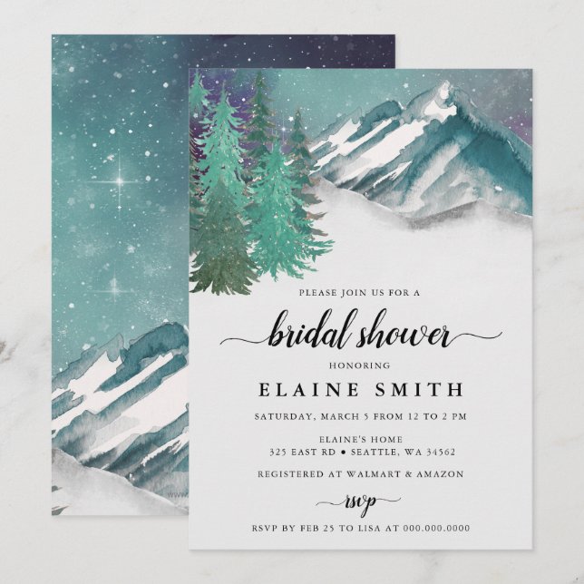 Rustic Watercolor Mountains Pine Bridal Shower Invitation (Front/Back)
