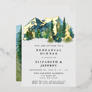 Rustic Watercolor Mountains Pine Rehearsal Dinner Foil Invitation