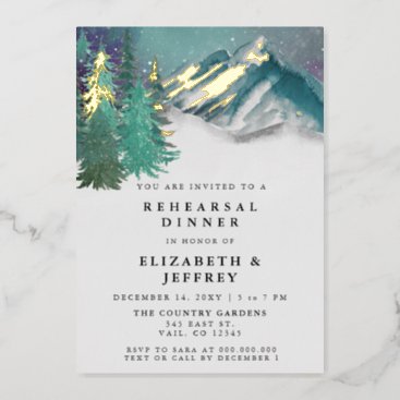 Rustic Watercolor Mountains Pine Rehearsal Dinner  Foil Invitation