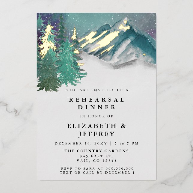 Rustic Watercolor Mountains Pine Rehearsal Dinner  Foil Invitation (Front)