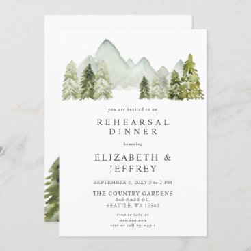 Rustic Watercolor Mountains Pine Rehearsal Dinner Invitation