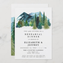 Rustic Watercolor Mountains Pine Rehearsal Dinner  Invitation