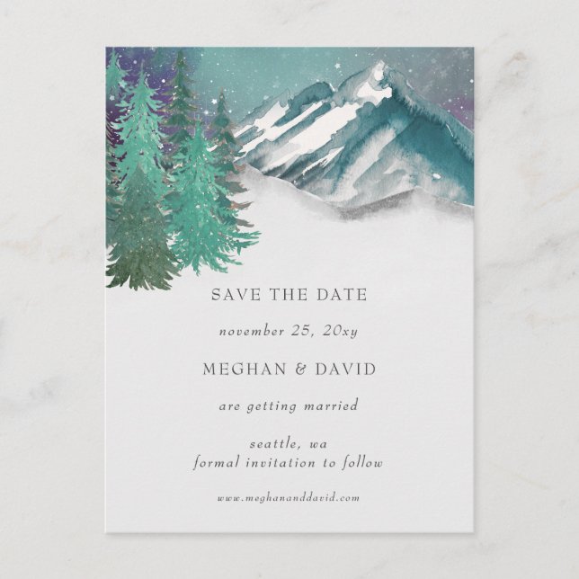 Rustic Watercolor Mountains Pine Save The Date   Announcement Postcard (Front)