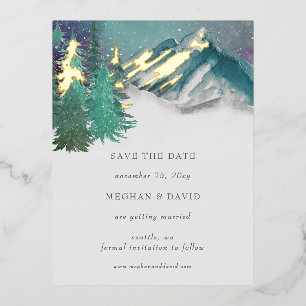 Rustic Watercolor Mountains Pine Save The Date Foil Holiday Postcard