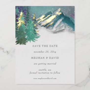 Rustic Watercolor Mountains Pine Save The Date    Foil Holiday Postcard