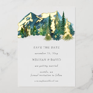 Rustic Watercolor Mountains Pine Save The Date Foil Invitation
