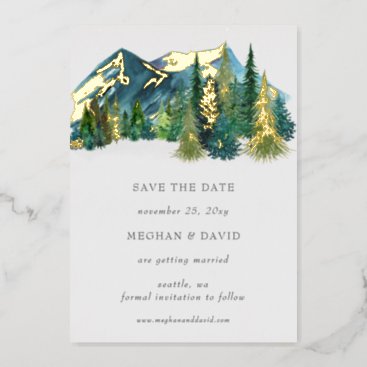 Rustic Watercolor Mountains Pine Save The Date  Foil Invitation