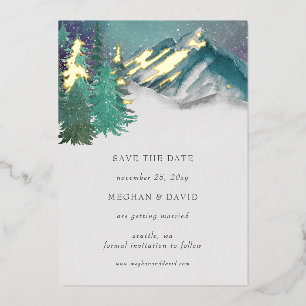 Rustic Watercolor Mountains Pine Save The Date Foil Invitation