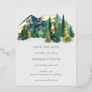 Rustic Watercolor Mountains Pine Save The Date     Foil Invitation Postcard