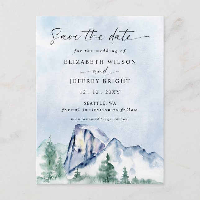Rustic Watercolor Mountains Pine Save the Date Postcard (Front)