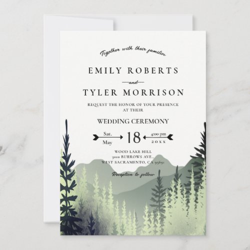 Rustic Watercolor Mountains Pine Trees Wedding Invitation