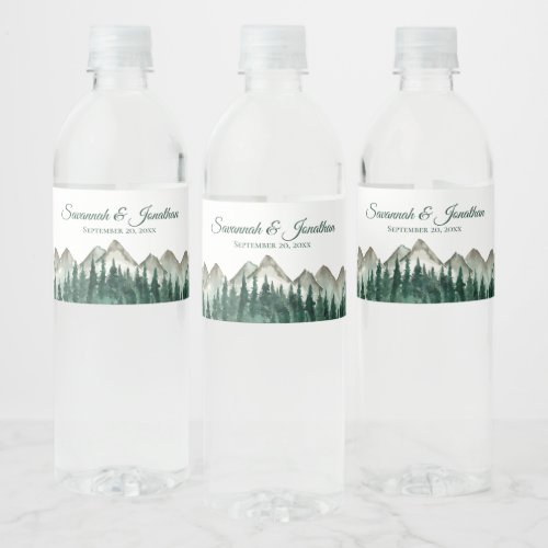 Rustic Watercolor Mountains  Pine Trees Wedding Water Bottle Label