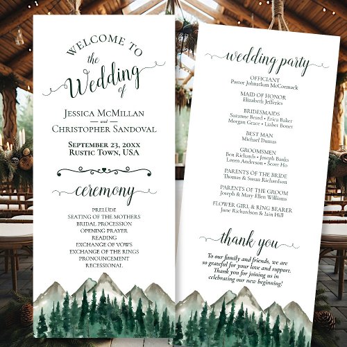 Rustic Watercolor Mountains  Pine Wedding Program