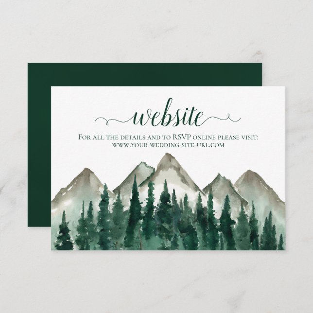 Rustic Watercolor Mountains & Pine Wedding Website Enclosure Card (Front/Back)