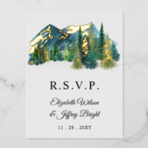Rustic Watercolor Mountains Pine Winter RSVP    Foil Invitation Postcard