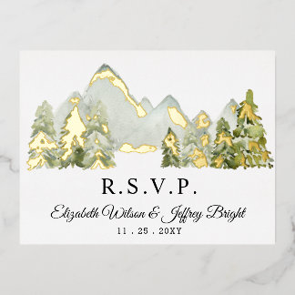 Rustic Watercolor Mountains Pine Winter RSVP Foil Invitation Postcard