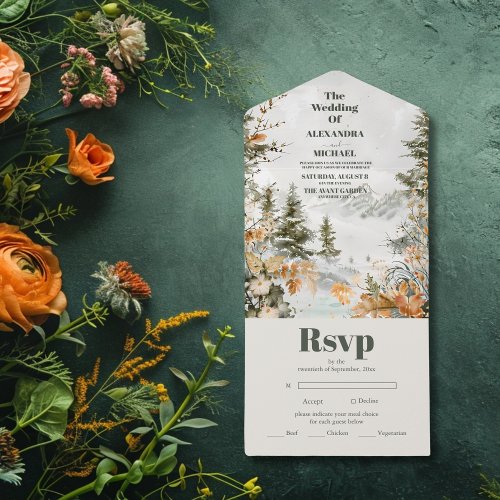 Rustic Watercolor Mountains Pine Winter Wedding All In One Invitation