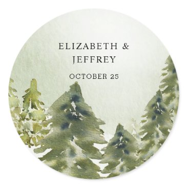 Rustic Watercolor Mountains Pine Winter Wedding Classic Round Sticker