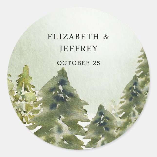 Rustic Watercolor Mountains Pine Winter Wedding Classic Round Sticker (Front)