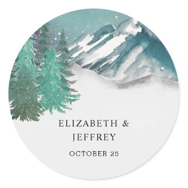 Rustic Watercolor Mountains Pine Winter Wedding   Classic Round Sticker