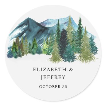Rustic Watercolor Mountains Pine Winter Wedding   Classic Round Sticker