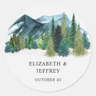 Rustic Watercolor Mountains Pine Winter Wedding Classic Round Sticker