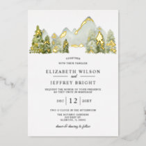 Rustic Watercolor Mountains Pine Winter Wedding  Foil Invitation