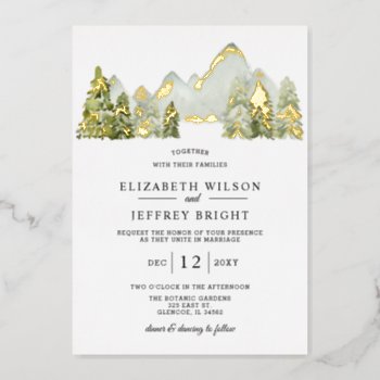 Rustic Watercolor Mountains Pine Winter Wedding  Foil Invitation by blessedwedding at Zazzle