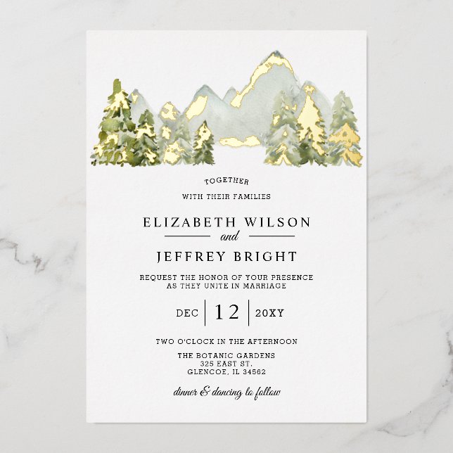 Rustic Watercolor Mountains Pine Winter Wedding  Foil Invitation (Front)