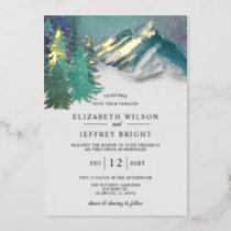 Rustic Watercolor Mountains Pine Winter Wedding  Foil Invitation
