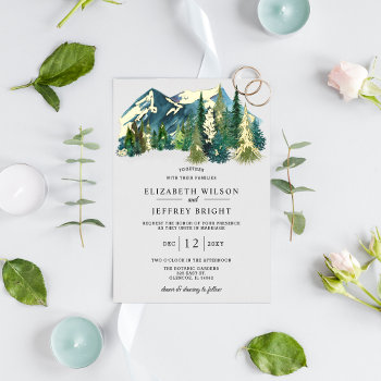 Rustic Watercolor Mountains Pine Winter Wedding   Foil Invitation by blessedwedding at Zazzle