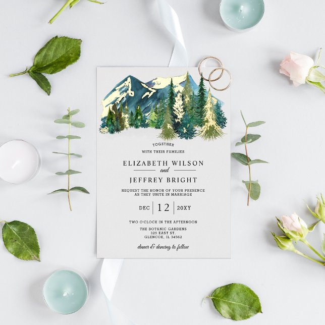 Rustic Watercolor Mountains Pine Winter Wedding   Foil Invitation (Rustic Watercolor Mountains Pine Winter Wedding Foil Invitation )