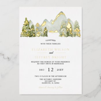Rustic Watercolor Mountains Pine Winter Wedding Foil Invitation by blessedwedding at Zazzle
